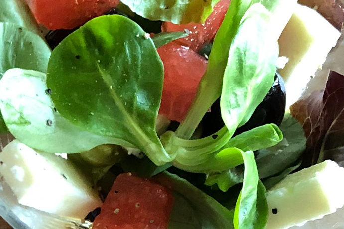 Watermelon, feta and black olive salad